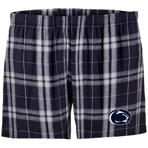 navy plaid flannel boxer shorts with Penn State Athletic Logo on left thigh